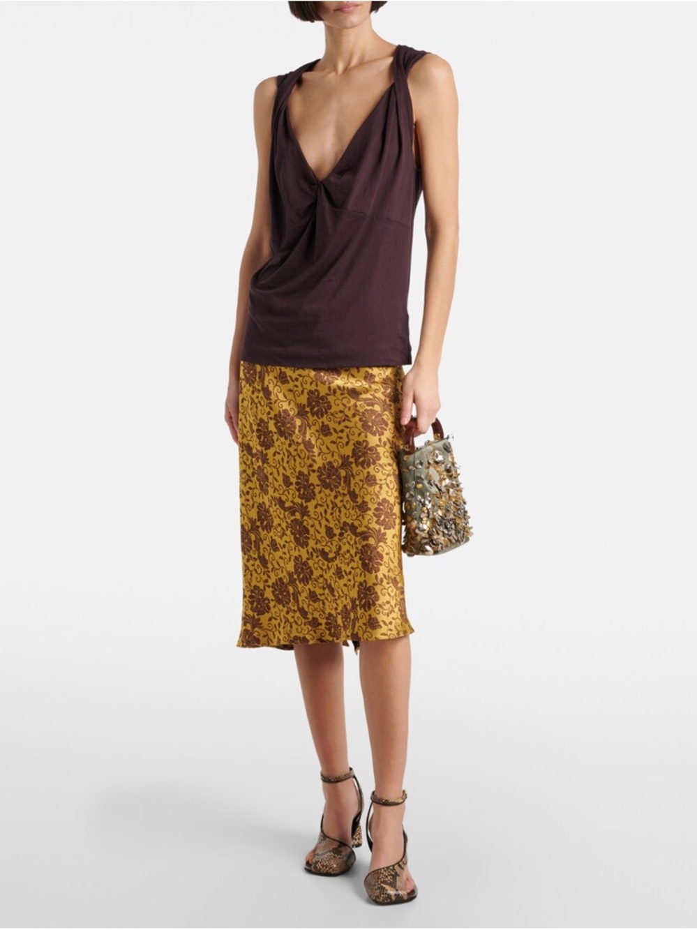 Dries Van Noten Burgundy Draped V-Neck Sleeveless Top